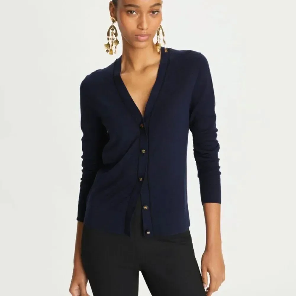 Tory Burch Womens Cardigan Sweater XS Navy Long Sleeve V Neck Wool NWT